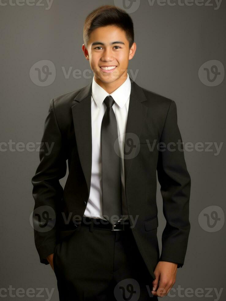 Smiling young man of Asian descent dressed in suit on gray background AI Generative photo