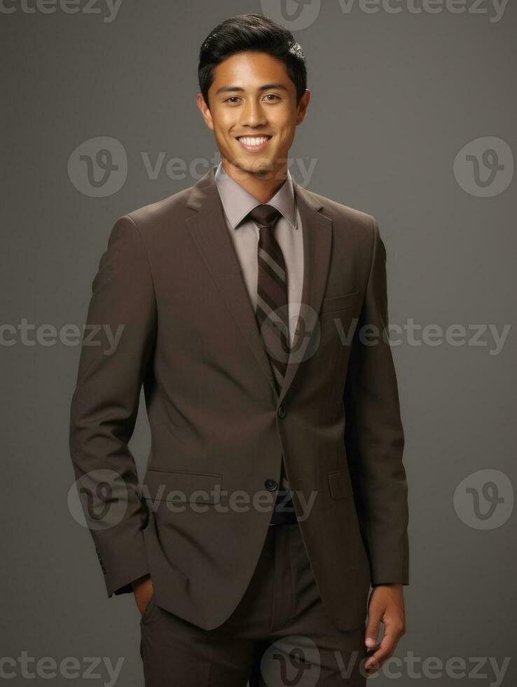 Smiling young man of Asian descent dressed in suit on gray background AI Generative photo