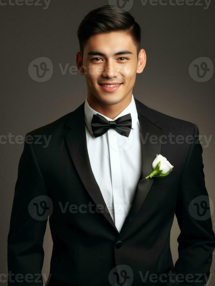 Smiling young man of Asian descent dressed in suit on gray background AI Generative photo