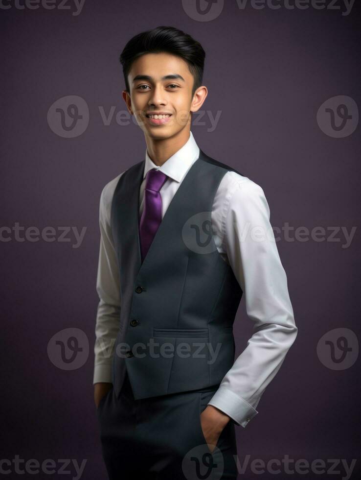 Smiling young man of Asian descent dressed in suit on gray background AI Generative photo