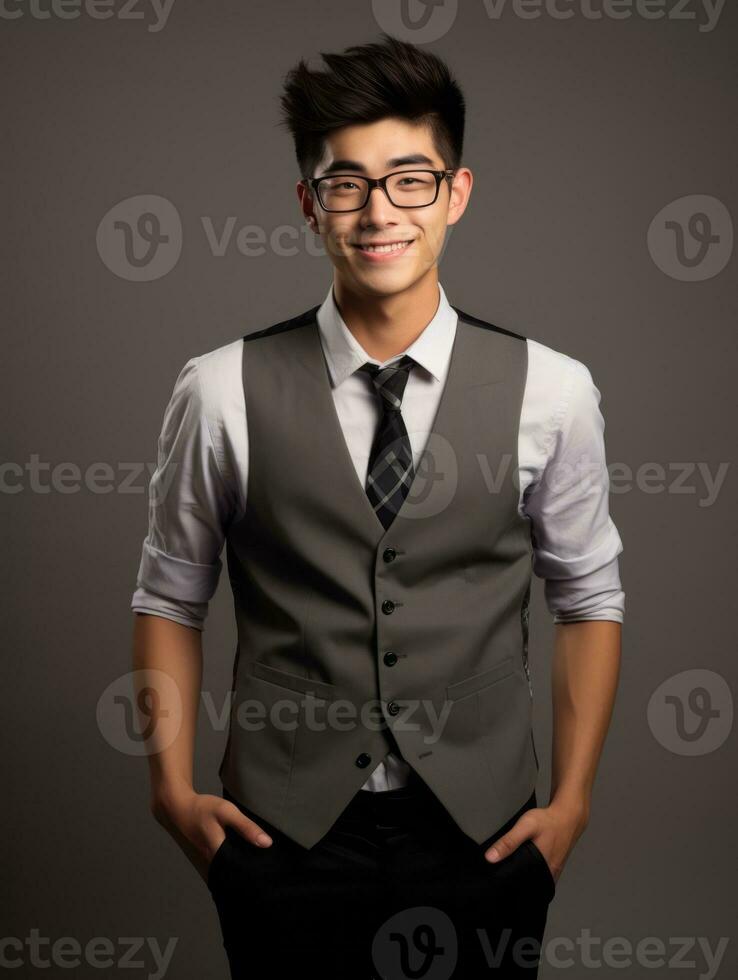 Smiling young man of Asian descent dressed in suit on gray background AI Generative photo