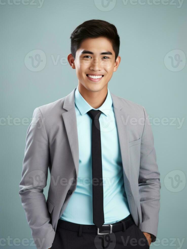 Smiling young man of Asian descent dressed in suit on gray background AI Generative photo