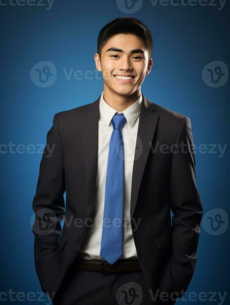 Smiling young man of Asian descent dressed in suit on gray background AI Generative photo