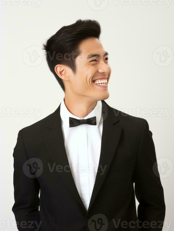 Smiling young man of Asian descent dressed in suit on gray background AI Generative photo
