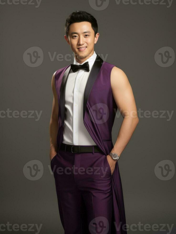 Smiling young man of Asian descent dressed in suit on gray background AI Generative photo