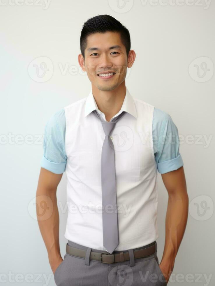 Smiling young man of Asian descent dressed in suit on gray background AI Generative photo