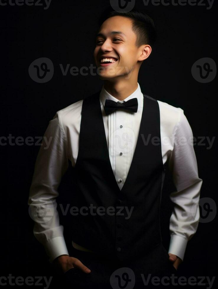 Smiling young man of Asian descent dressed in suit on gray background AI Generative photo