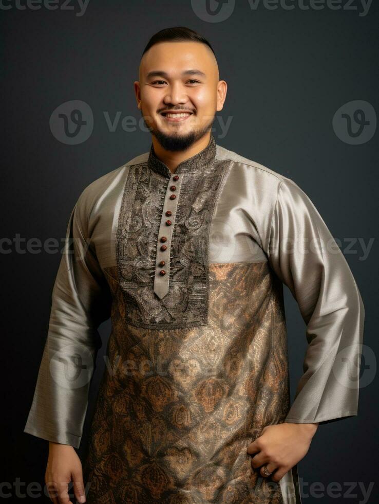 Smiling young man of Asian descent dressed in suit on gray background AI Generative photo