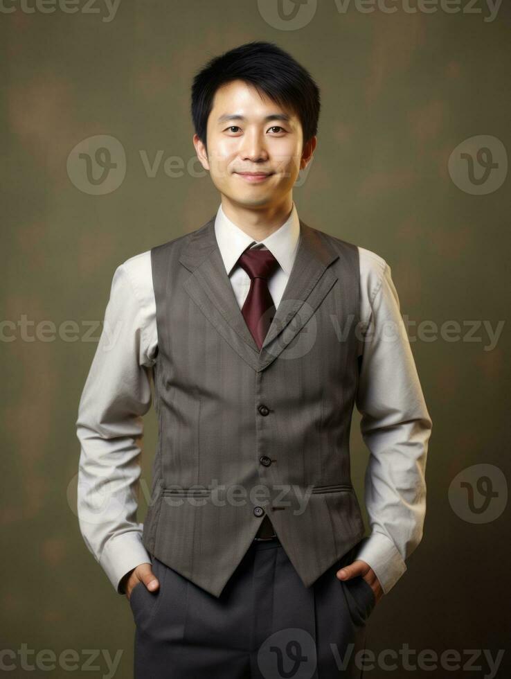 Smiling young man of Asian descent dressed in suit on gray background AI Generative photo