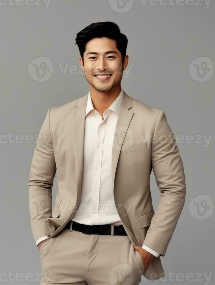Smiling young man of Asian descent dressed in suit on gray background AI Generative photo