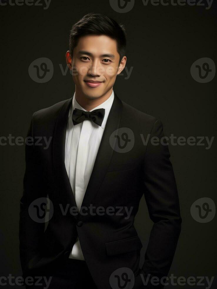 Smiling young man of Asian descent dressed in suit on gray background AI Generative photo