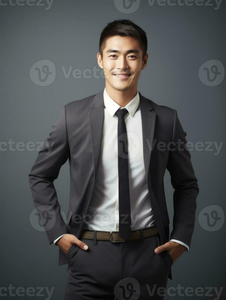 Smiling young man of Asian descent dressed in suit on gray background AI Generative photo