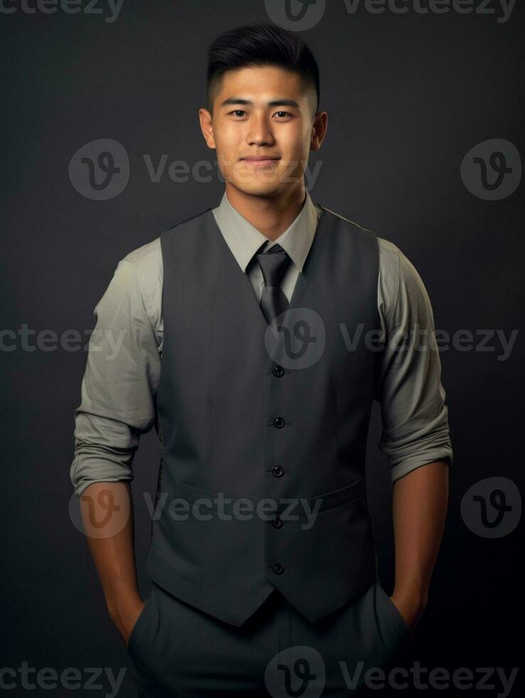 Smiling young man of Asian descent dressed in suit on gray background AI Generative photo