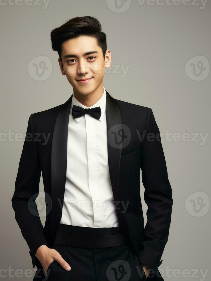 Smiling young man of Asian descent dressed in suit on gray background AI Generative photo