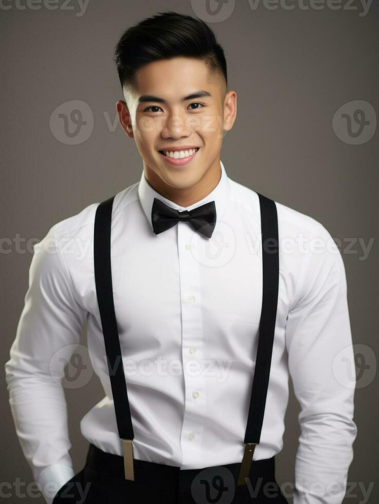 Smiling young man of Asian descent dressed in suit on gray background AI Generative photo