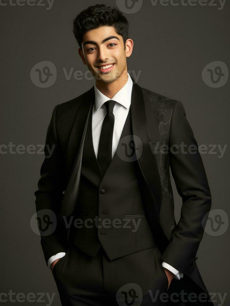 Smiling young man of Asian descent dressed in suit on gray background AI Generative photo