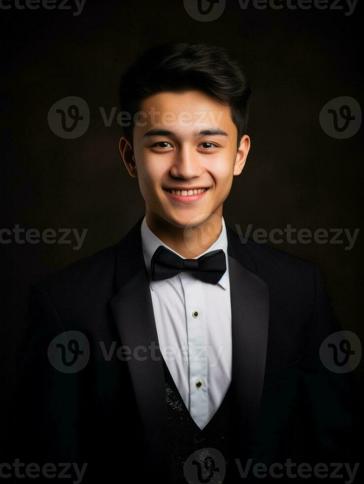 Smiling young man of Asian descent dressed in suit on gray background AI Generative photo