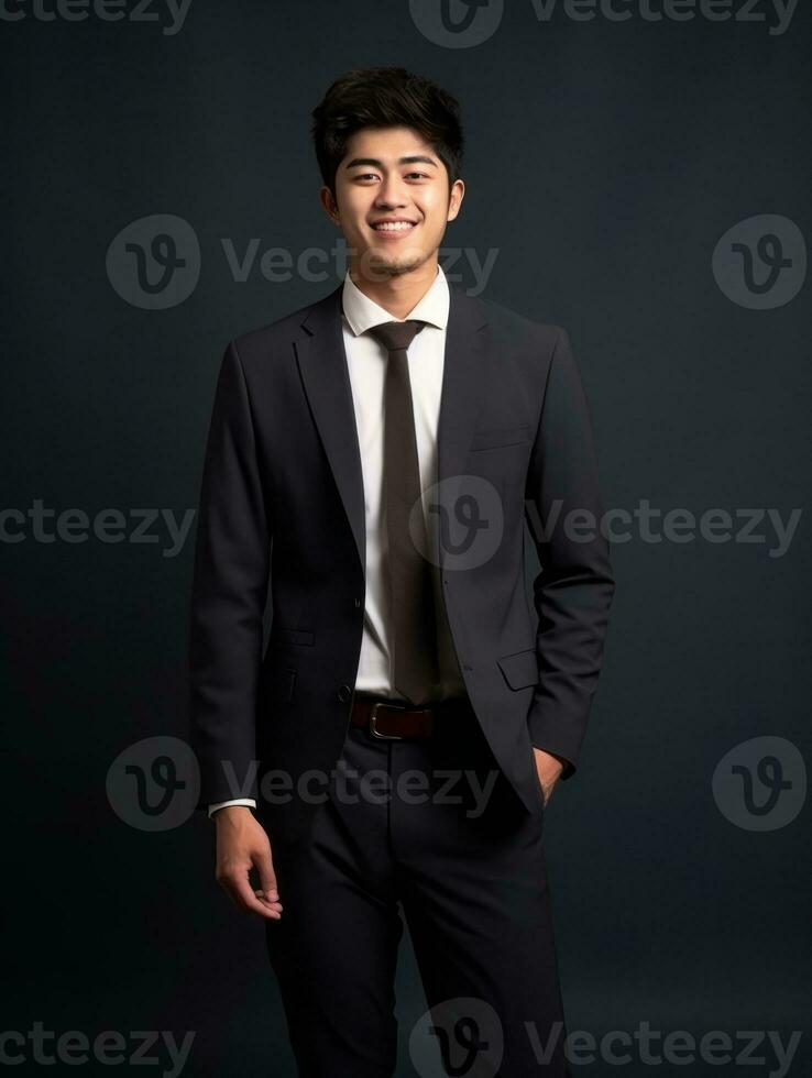 sonriente joven hombre de asiático descendencia vestido en traje en gris antecedentes ai generativo foto