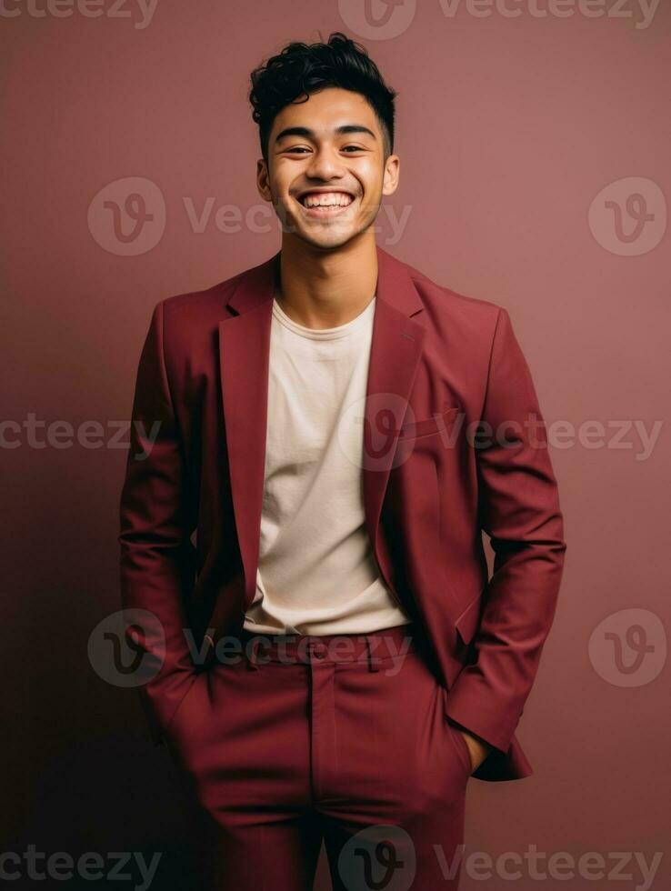 Smiling young man of Asian descent dressed in suit on gray background AI Generative photo