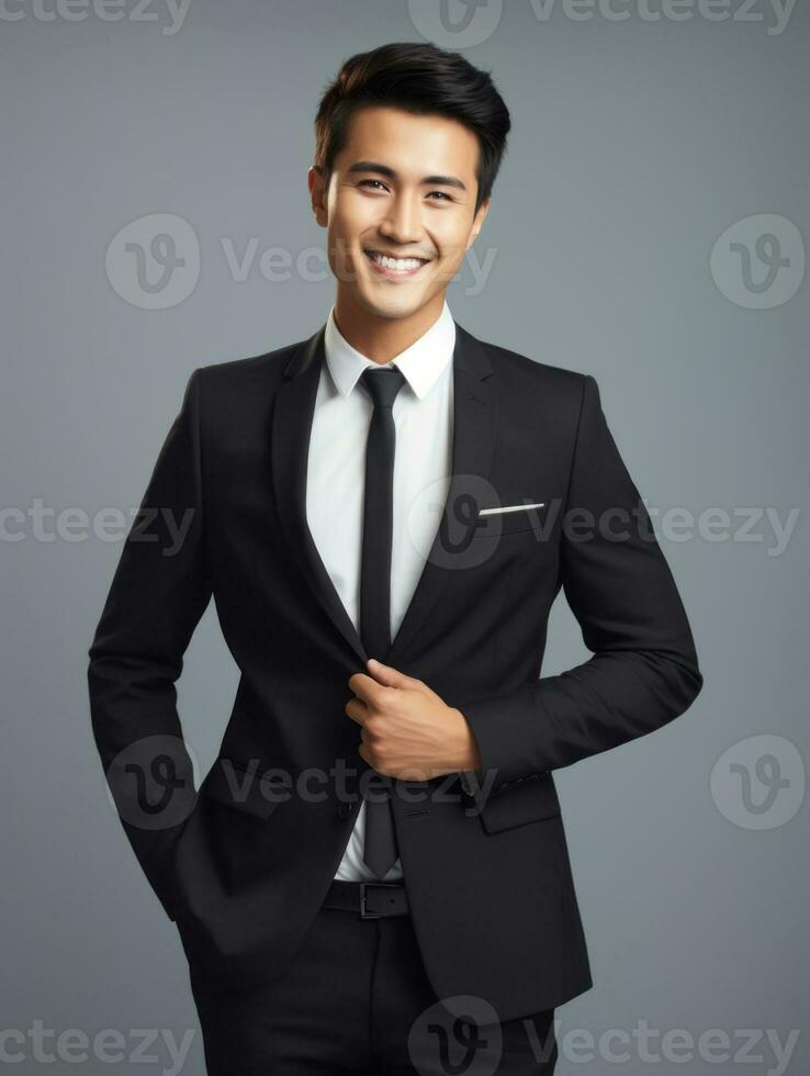 Smiling young man of Asian descent dressed in suit on gray background AI Generative photo