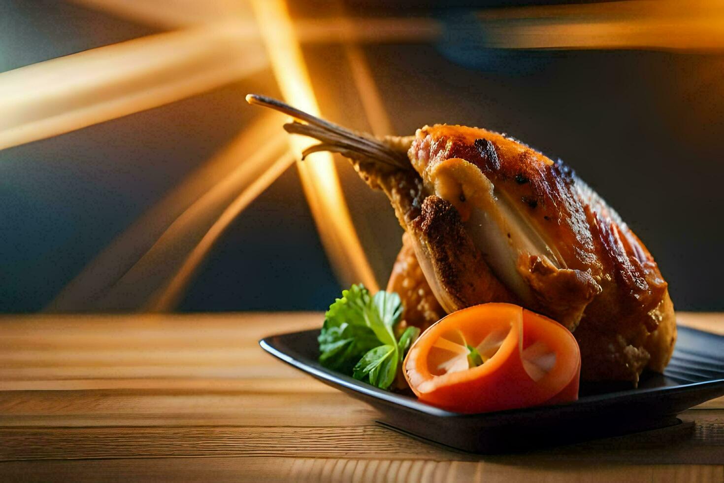 a roasted chicken on a plate with tomatoes. AI-Generated photo