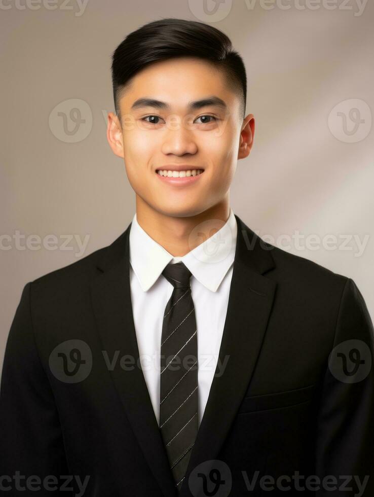 Smiling young man of Asian descent dressed in suit on gray background AI Generative photo