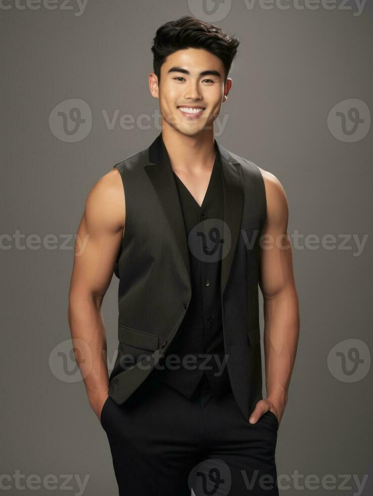 Smiling young man of Asian descent dressed in suit on gray background AI Generative photo