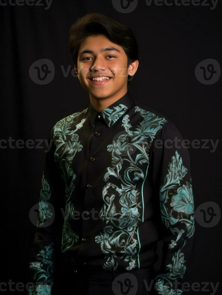 Smiling young man of Asian descent dressed in suit on gray background AI Generative photo