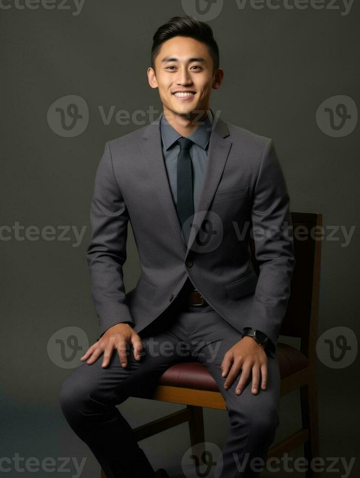 Smiling young man of Asian descent dressed in suit on gray background AI Generative photo