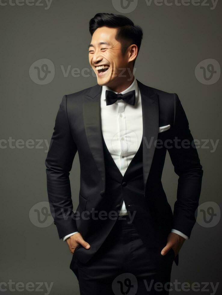 Smiling young man of Asian descent dressed in suit on gray background AI Generative photo