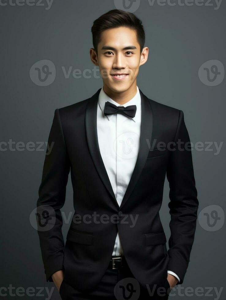 Smiling young man of Asian descent dressed in suit on gray background AI Generative photo