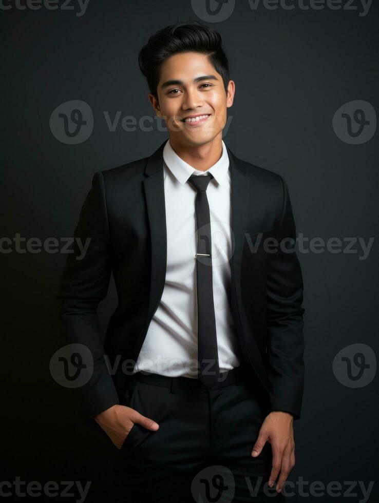 Smiling young man of Asian descent dressed in suit on gray background AI Generative photo