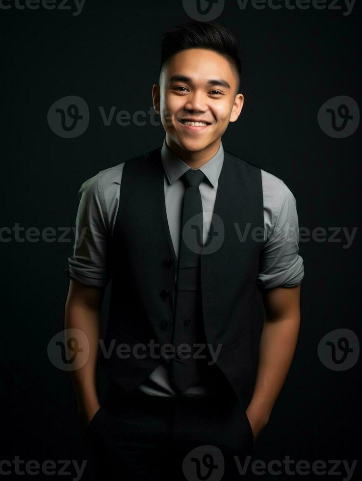 Smiling young man of Asian descent dressed in suit on gray background AI Generative photo