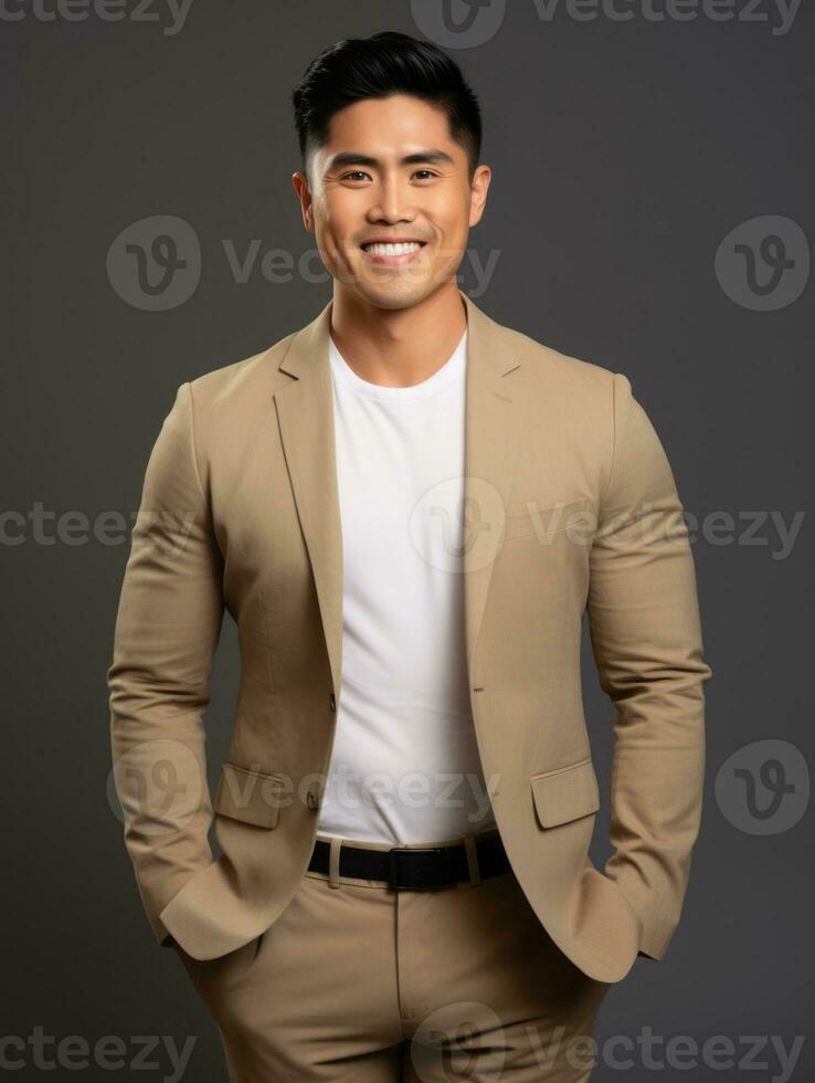 Smiling young man of Asian descent dressed in suit on gray background AI Generative photo