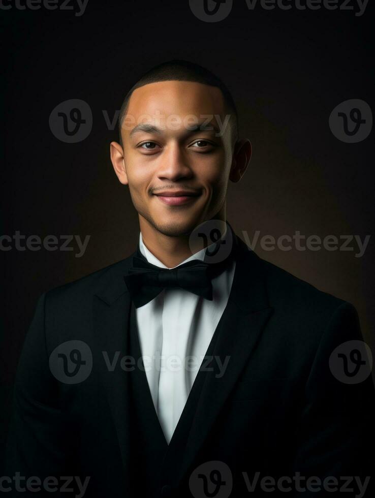 Smiling young man of Asian descent dressed in suit on gray background AI Generative photo