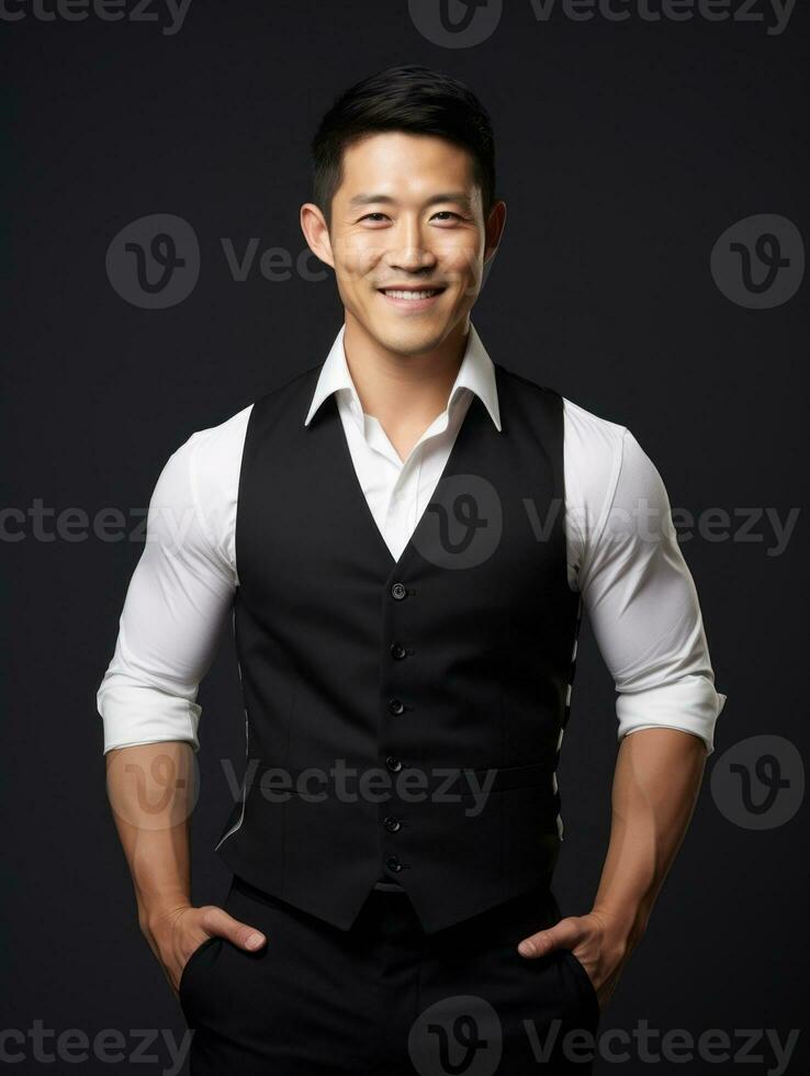 Smiling young man of Asian descent dressed in suit on gray background AI Generative photo