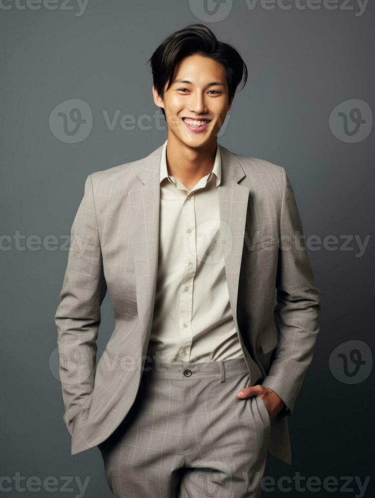 Smiling young man of Asian descent dressed in suit on gray background AI Generative photo