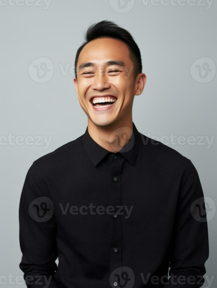 Smiling young man of Asian descent dressed in suit on gray background AI Generative photo