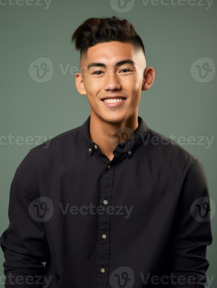 Smiling young man of Asian descent dressed in suit on gray background AI Generative photo