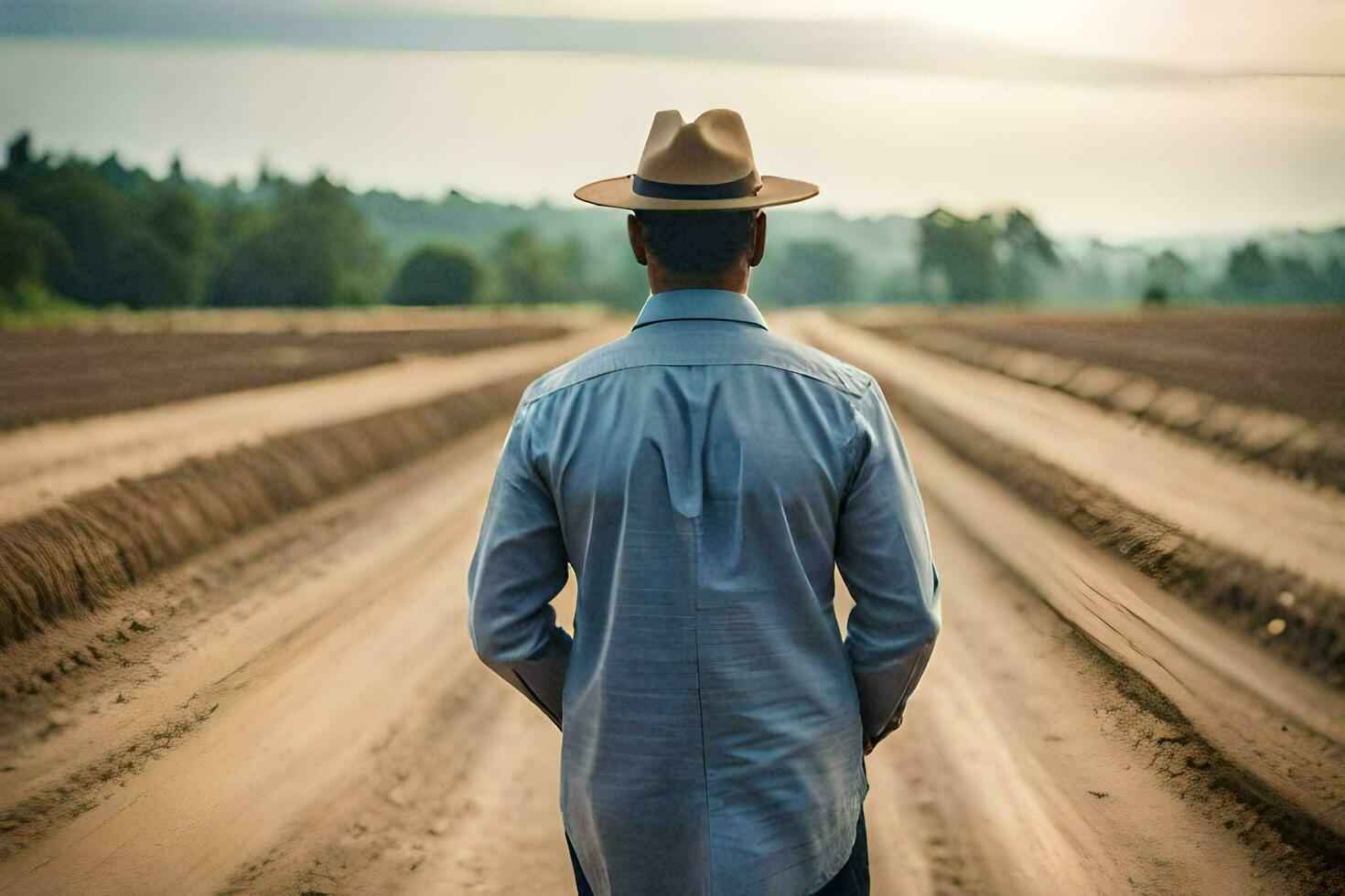 un hombre en un sombrero en pie en un campo. generado por ai foto