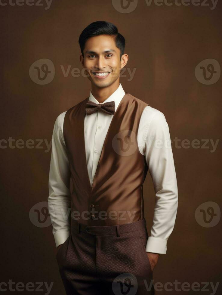 Smiling young man of Asian descent dressed in suit on gray background AI Generative photo
