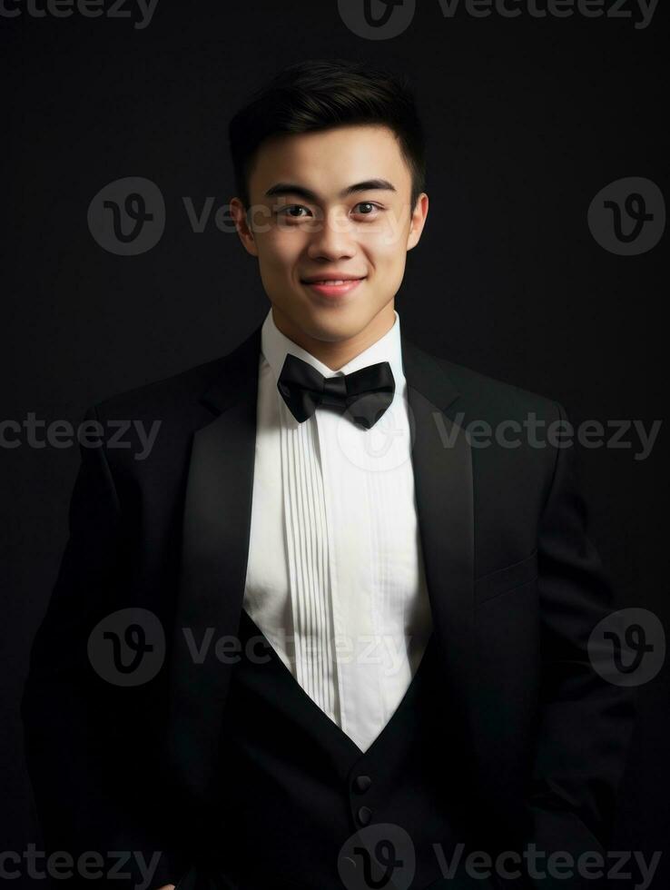 sonriente joven hombre de asiático descendencia vestido en traje en gris antecedentes ai generativo foto