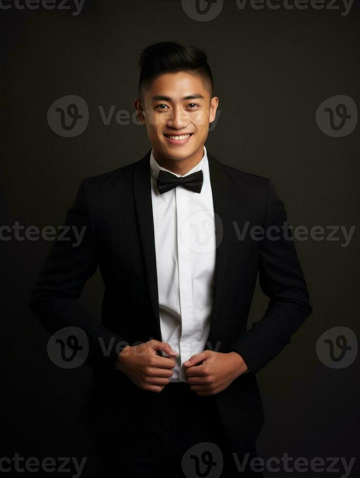 Smiling young man of Asian descent dressed in suit on gray background AI Generative photo