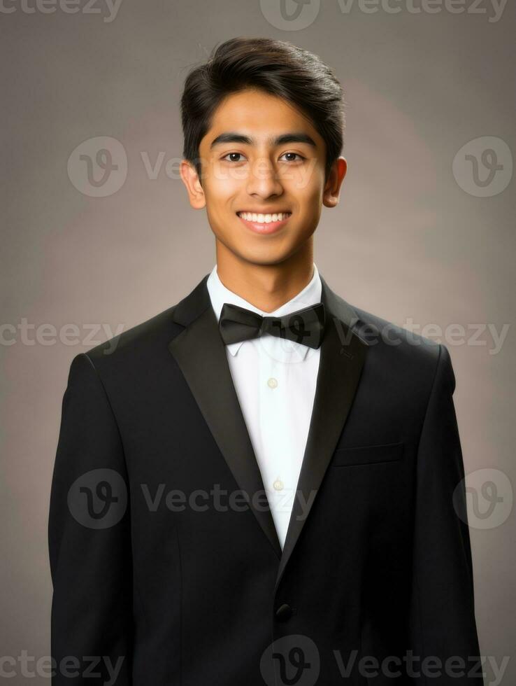 Smiling young man of Asian descent dressed in suit on gray background AI Generative photo