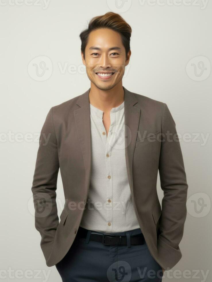 Smiling young man of Asian descent dressed in suit on gray background AI Generative photo