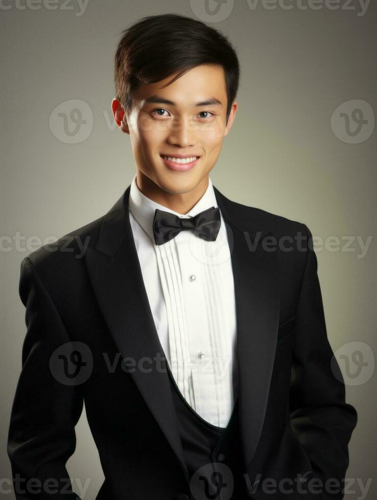 Smiling young man of Asian descent dressed in suit on gray background AI Generative photo