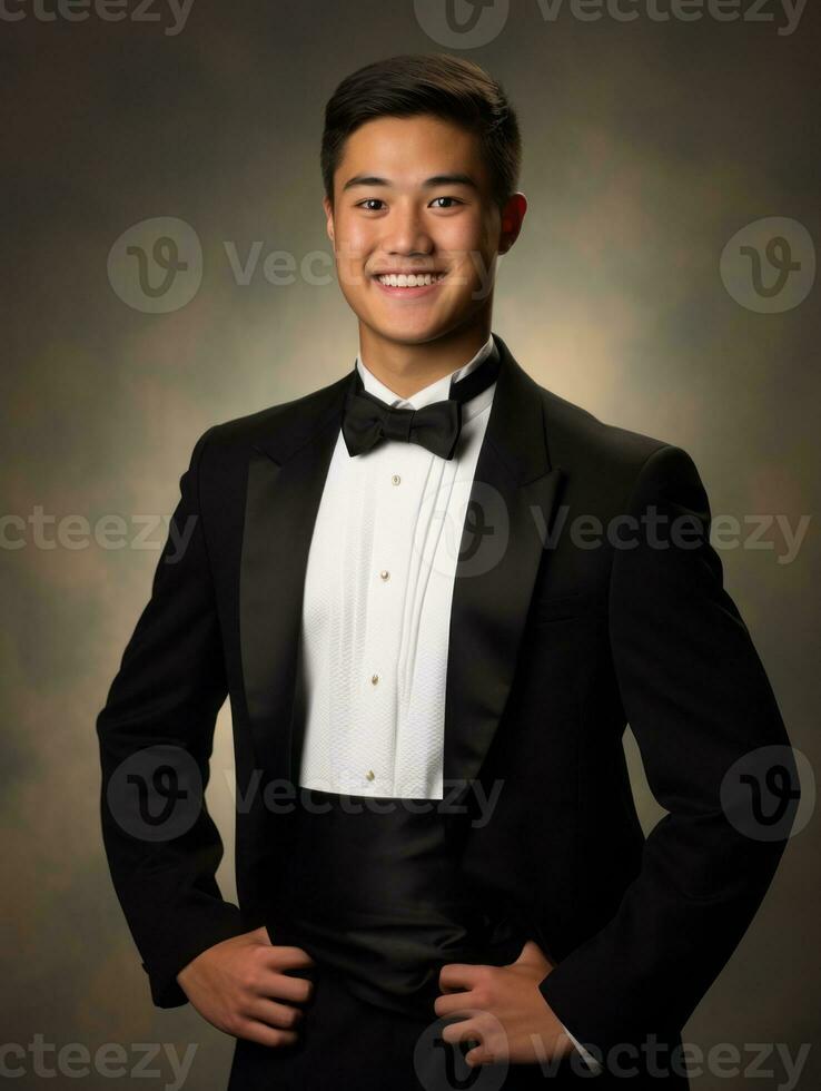 sonriente joven hombre de asiático descendencia vestido en traje en gris antecedentes ai generativo foto