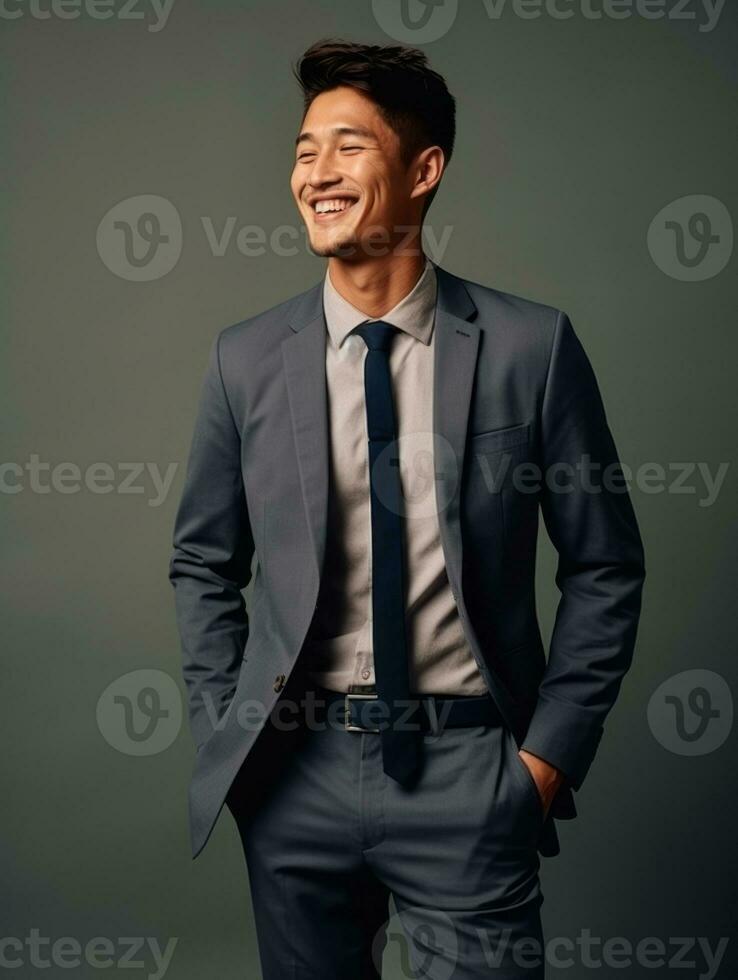 Smiling young man of Asian descent dressed in suit on gray background AI Generative photo