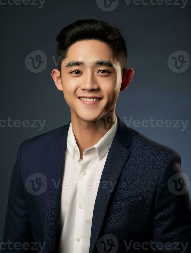 Smiling young man of Asian descent dressed in suit on gray background AI Generative photo