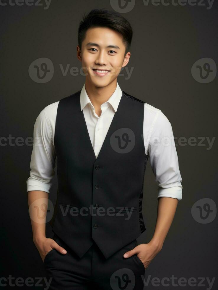 Smiling young man of Asian descent dressed in suit on gray background AI Generative photo